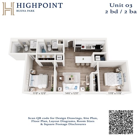 Floor plan for 2 beds, 2 baths, 1000 sqft